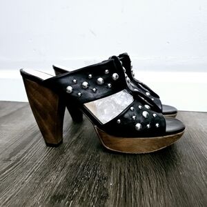 Karolina Leather Wooden Heel Sandal Slide Open Toe 6.5